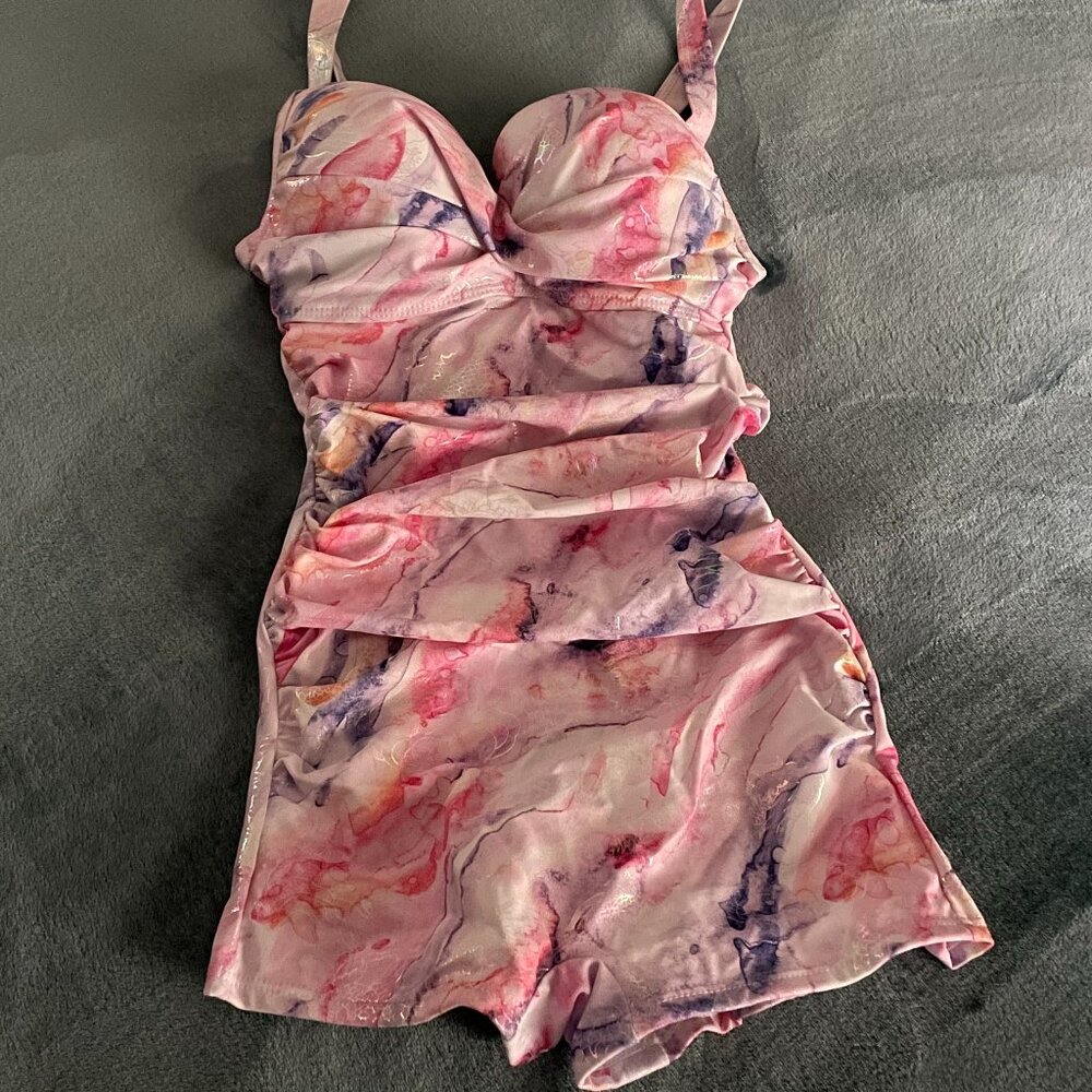 Woman's, 50s inspired, M, Swim Shorts One Piece Tummy Control, Ruched Swimsuit.